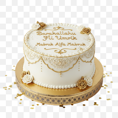 Elegant White and Gold Celebration Cake with Arabic Calligraphy