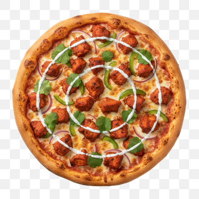 Delicious Chicken Tikka Pizza with Fresh Cilantro and White Sauce Drizzle