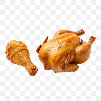 Golden Roasted Chicken and Crispy Fried Drumstick on White