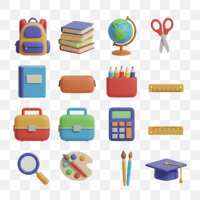 Colorful 3D School Supplies and Educational Tools Collection