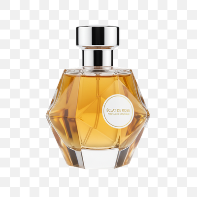 Elegant Faceted Perfume Bottle with Amber Liquid on White Background