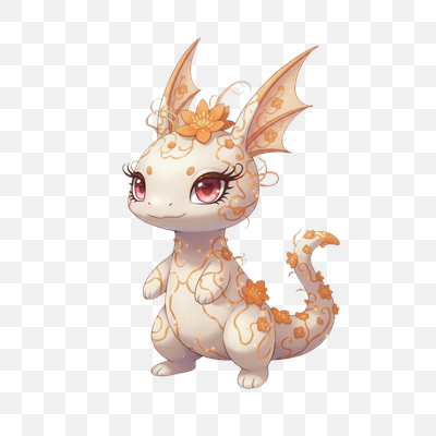 Adorable Cream Dragon with Orange Flowers and Golden Glow