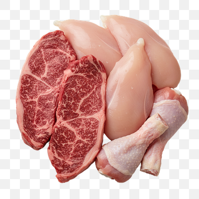 Assortment of Fresh Raw Beef Steaks and Chicken Cuts