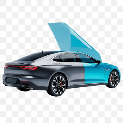 Dynamic Car Wrap Application: Modern Sedan with Blue Protective Film