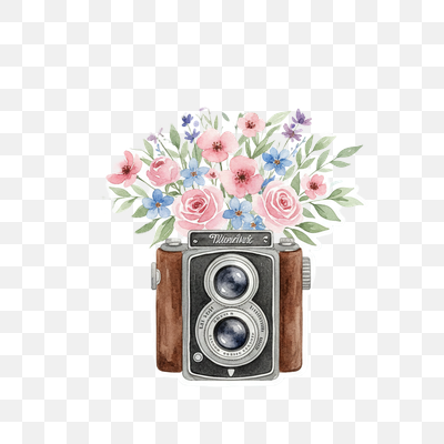 Vintage Camera Bloom: A Whimsical Watercolor Bouquet
