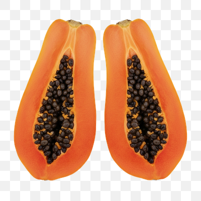 Vibrant Halved Papayas with Seeds on Transparent Background