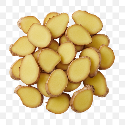 Freshly Sliced Ginger Root Pile on White Background