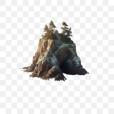 Dramatic Rocky Islet with Sea Cave and Pine Trees