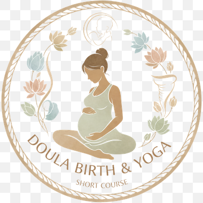 Doula Birth & Yoga Short Course Logo with Pregnant Woman and Lotus Flowers