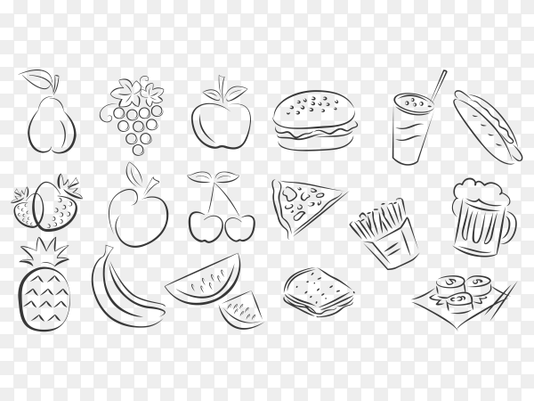 Hand drawn style of foods doodle elements PNG