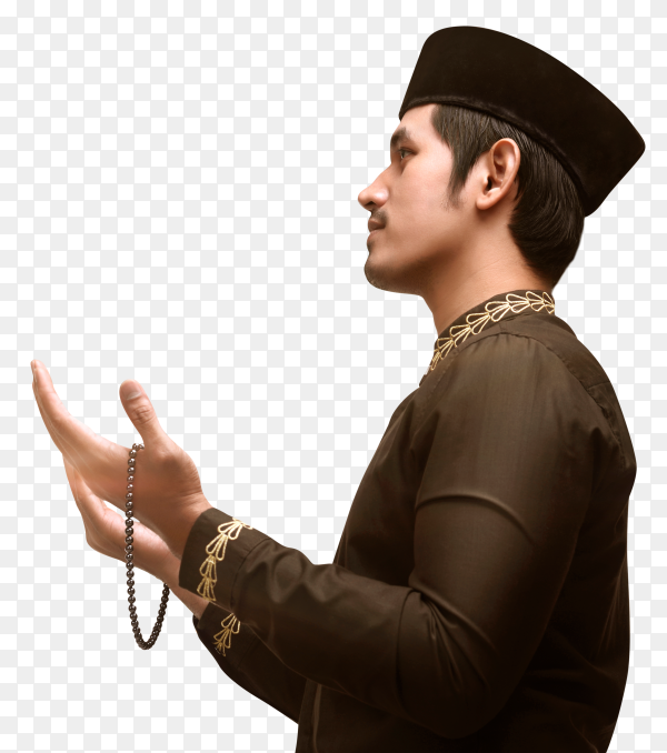 Handsome muslim man with beads praying to god on transparent PNG