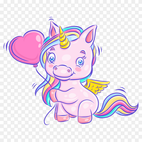 Cute unicorn smile with hold love balloon and feeling love on transparent background PNG