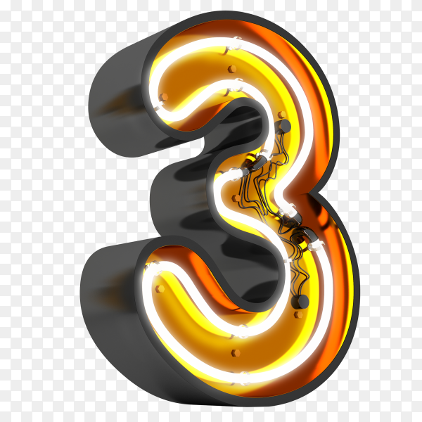 Number 3 neon light on transparent background PNG